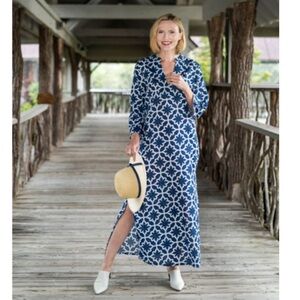 Debbie Katz Mazal Maxi Cover Up Tunic Dress Kaftan XS Navy